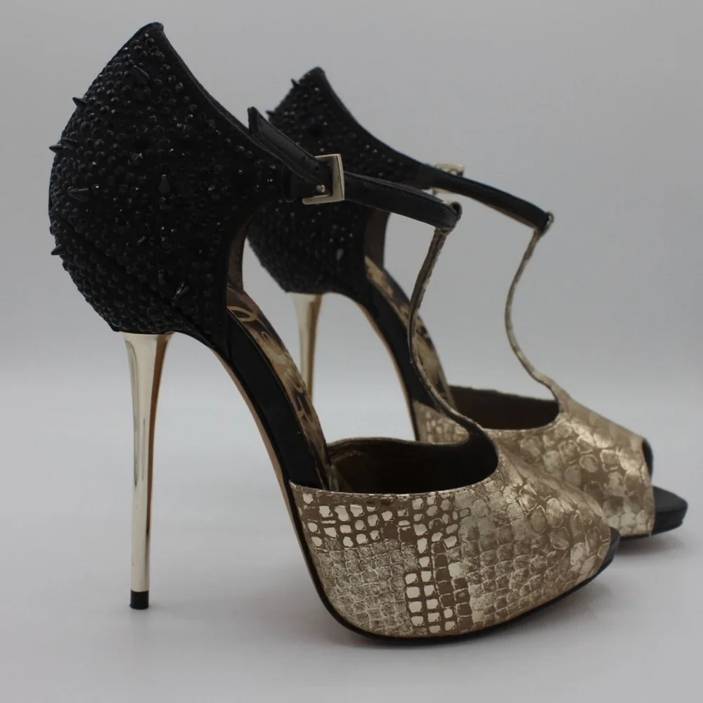 Designer Sam Edelman Scarlett Black /Gold Suede Leather Spiked Heels Size 9.5 - Picture 6 of 9